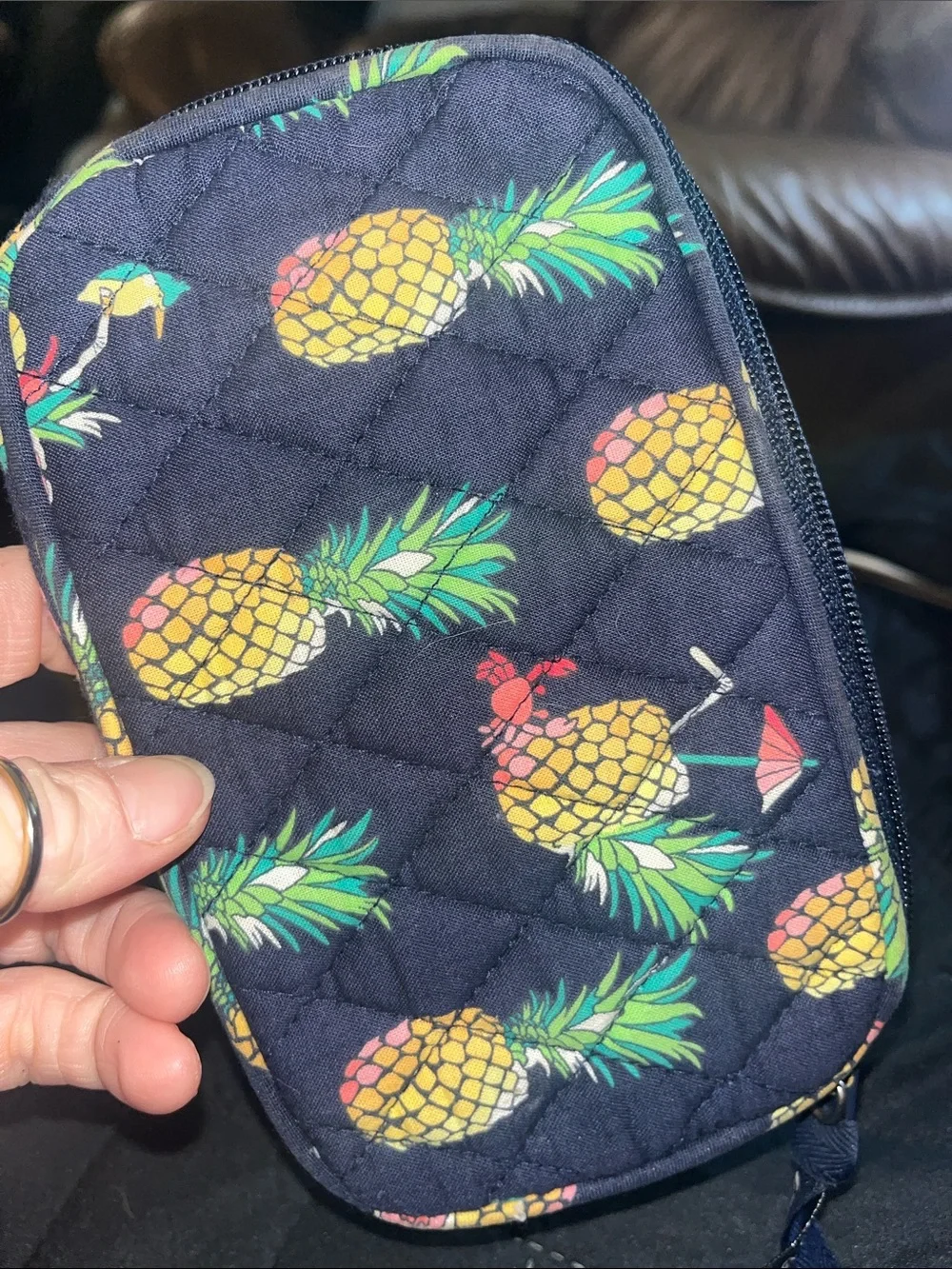 Vera Bradley Toucan Party navy blue cosmetic bag vibrant tropical pineapples C58